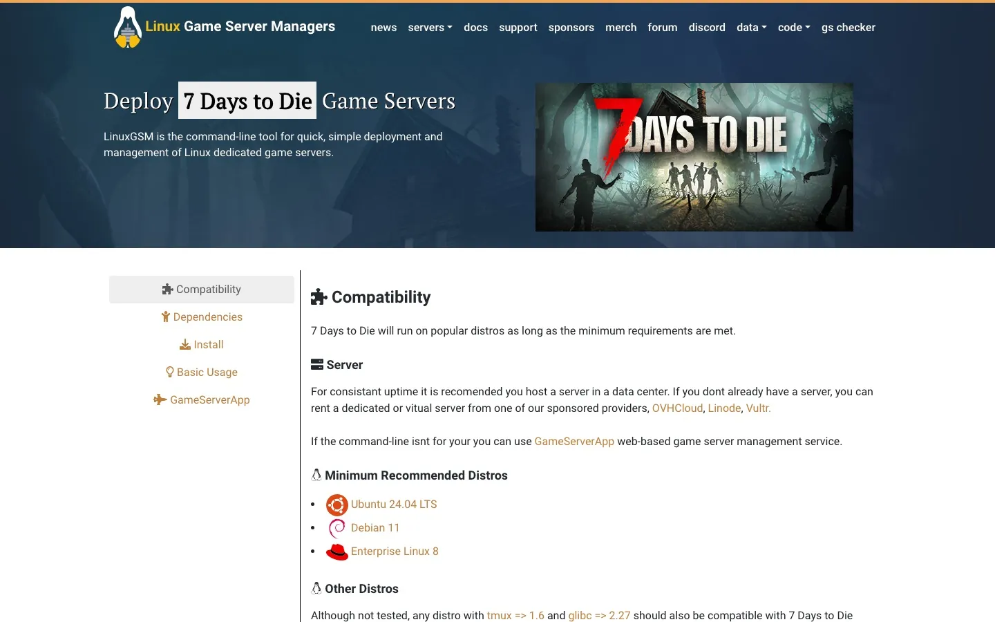 หน้า Deploy 7 Days to Die Game Servers ของ LinuxGSM