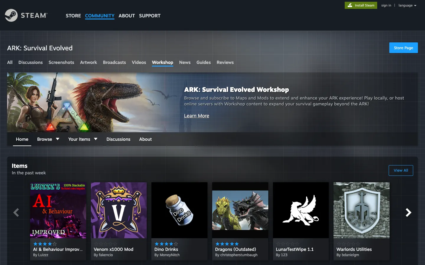 หน้า Workshop ของ ARK: Survival Evolved บน Steam — แหล่งม็อดของภาคคลาสสิก เลข Mod ID อยู่ท้าย URL ของแต่ละม็อด