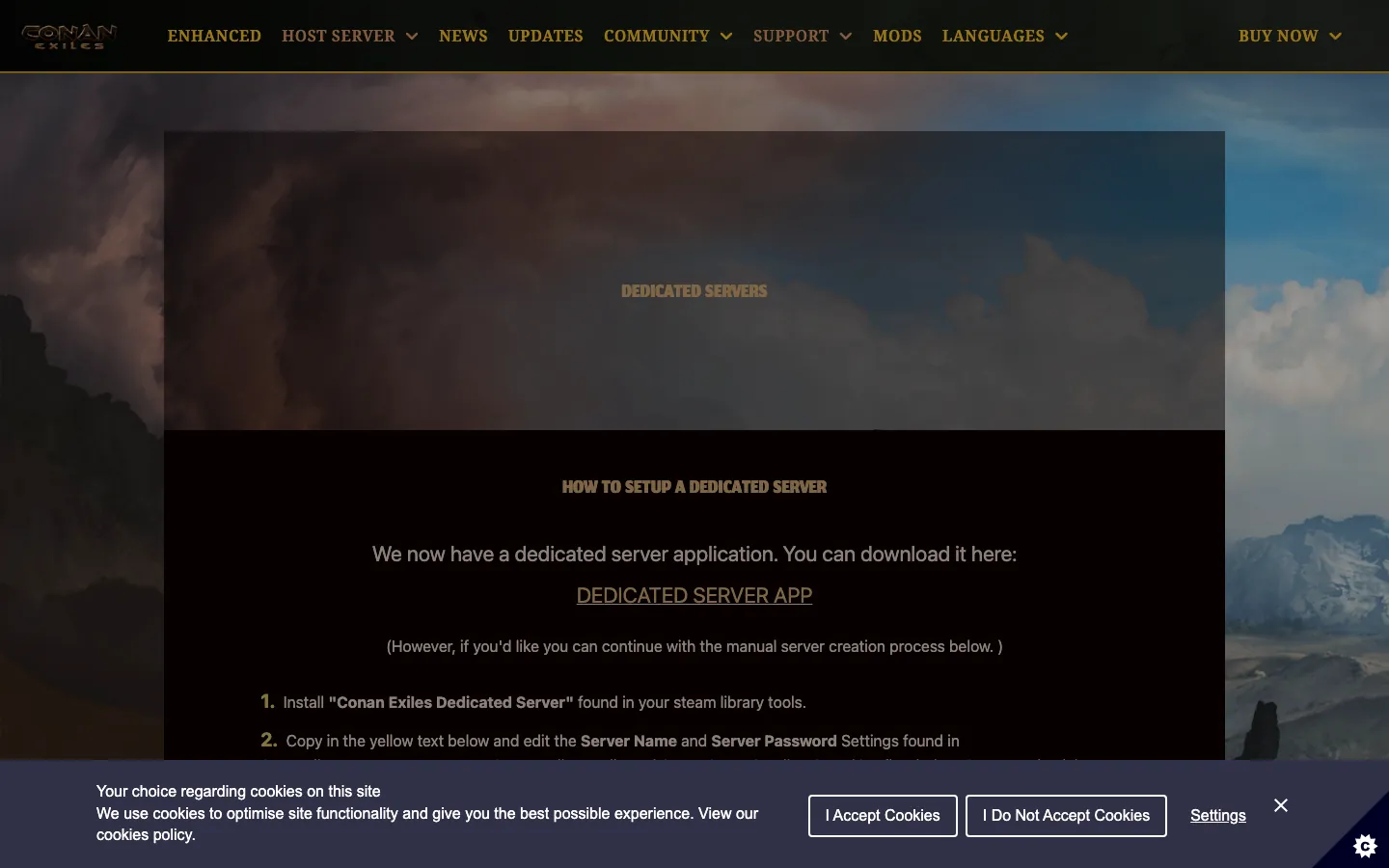 หน้า Dedicated Servers ทางการของ Conan Exiles — เอกสารตั้งเซิร์ฟจาก Funcom