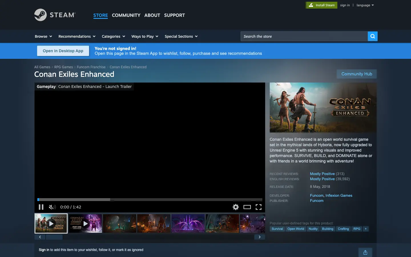 หน้าร้านค้า Steam ของ Conan Exiles ซึ่งเป็นทางเข้า Workshop ที่ใช้ดึงเลข mod id