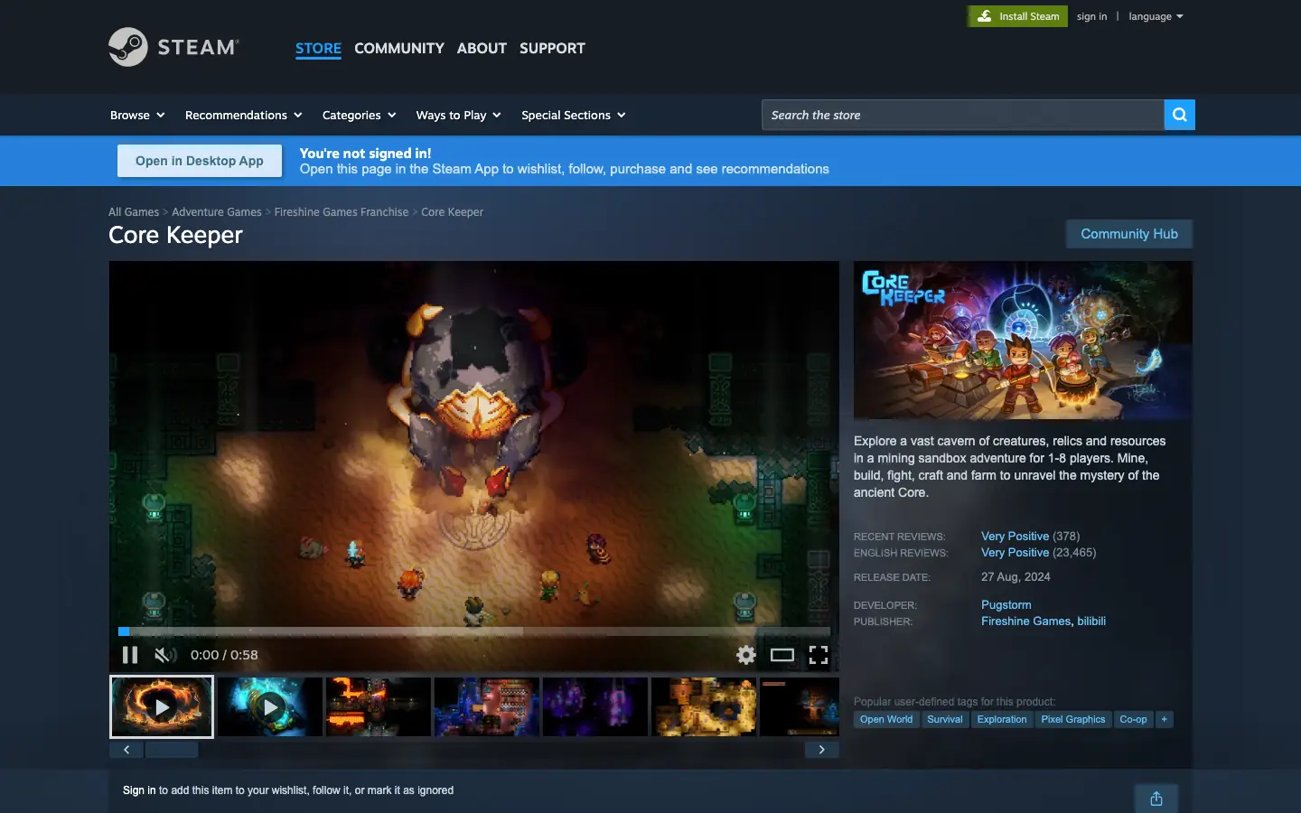 หน้าร้านค้า Steam ของ Core Keeper ที่มาของเลข app id ที่ใช้กับ SteamCMD