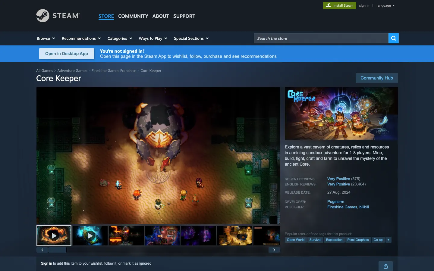 หน้า Steam ของ Core Keeper — เกมขุดเหมืองแบบร่วมมือกัน 1–8 คน