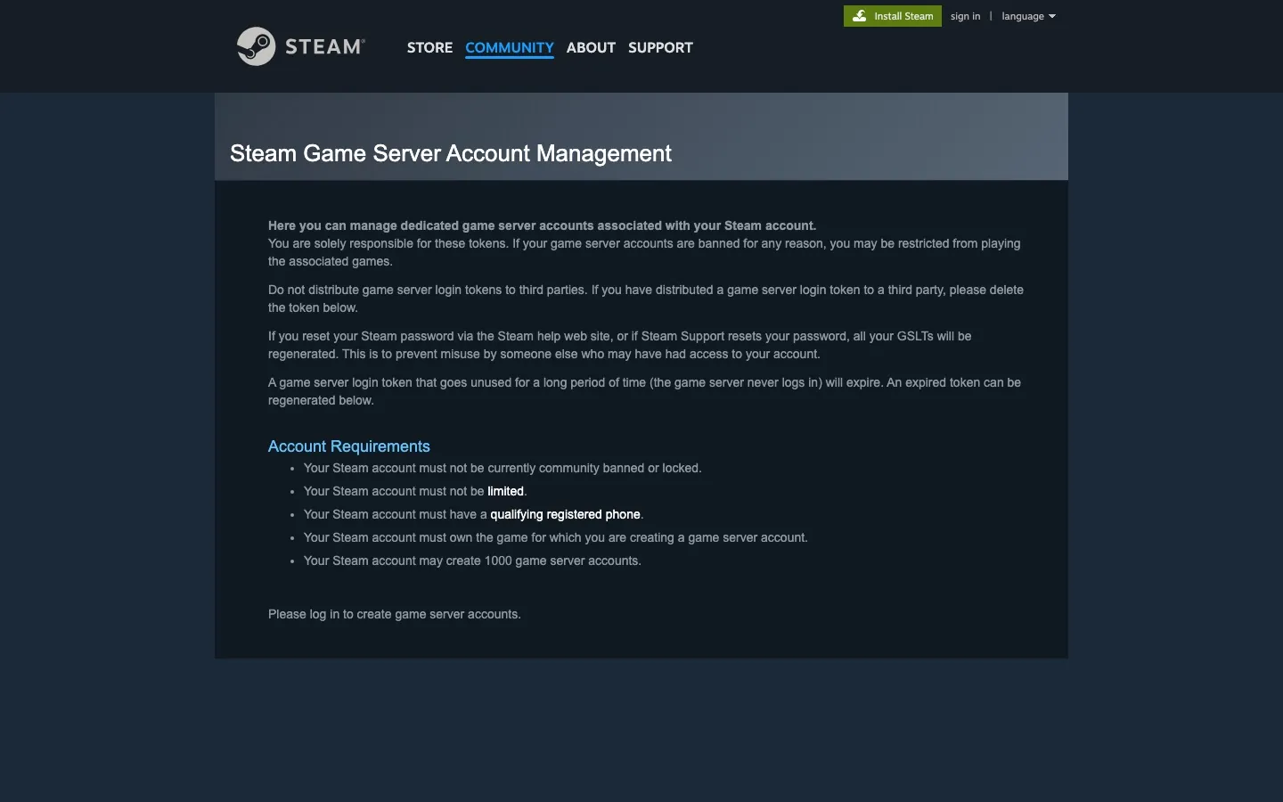หน้า Steam Game Server Account Management สำหรับขอ GSLT token ของเซิฟ CS2 — แสดงเงื่อนไขบัญชีครบ