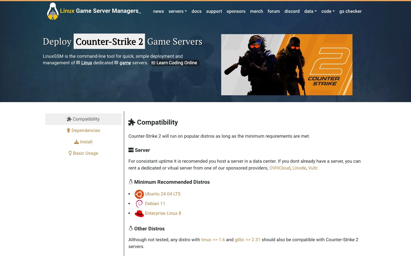 หน้า Deploy Counter-Strike 2 Game Servers ของ LinuxGSM