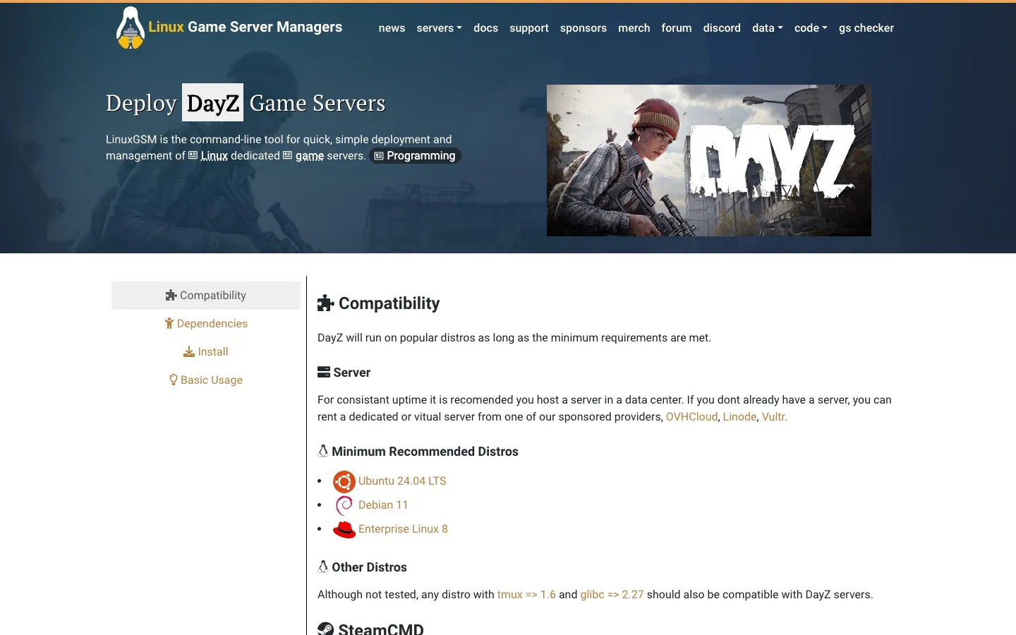 หน้า Deploy DayZ Game Servers ของ LinuxGSM — เครื่องมือหลักของไกด์นี้