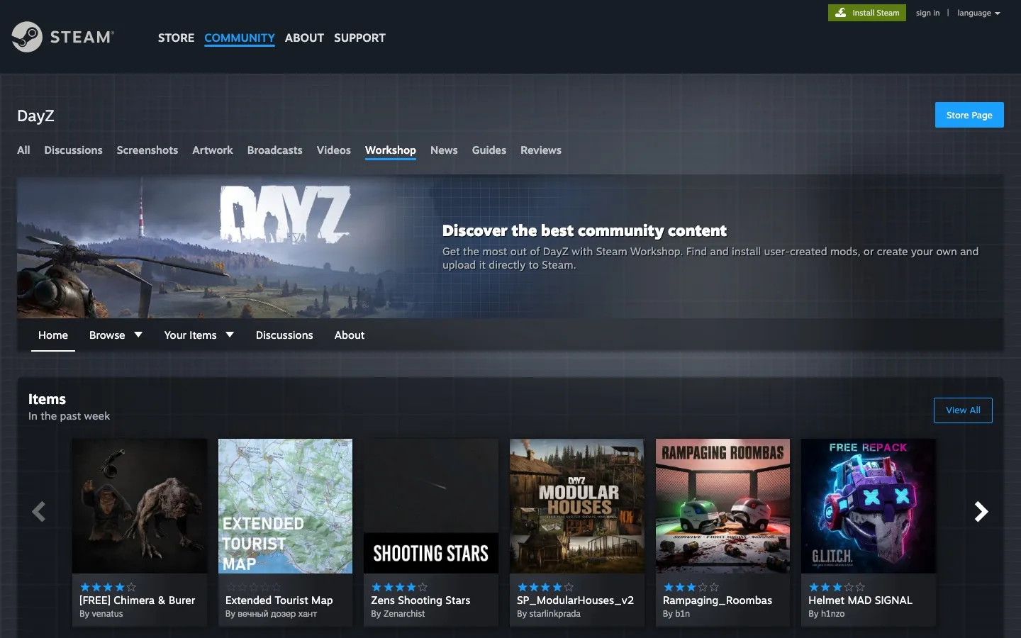 หน้า Steam Workshop ของ DayZ — แหล่งม็อดทั้งหมดของเซิฟ