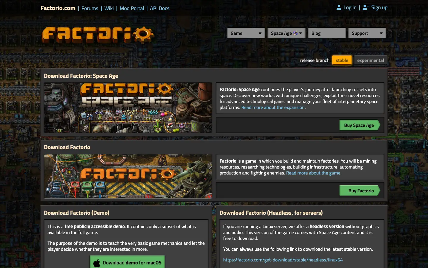 หน้า Download ของ factorio.com ส่วน Download Factorio (Headless, for servers) พร้อมลิงก์ตัวเซิร์ฟ