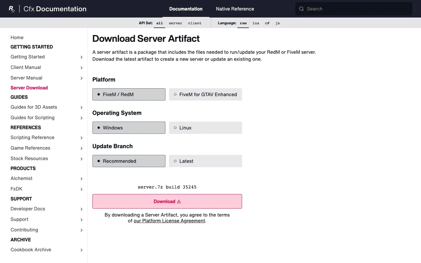 หน้า Download Server Artifact ของ docs.fivem.net — เลือก Linux + Recommended