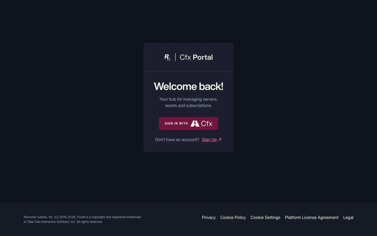 หน้าล็อกอิน Cfx Portal ที่ portal.cfx.re สำหรับสร้าง license key ของเซิฟ FiveM