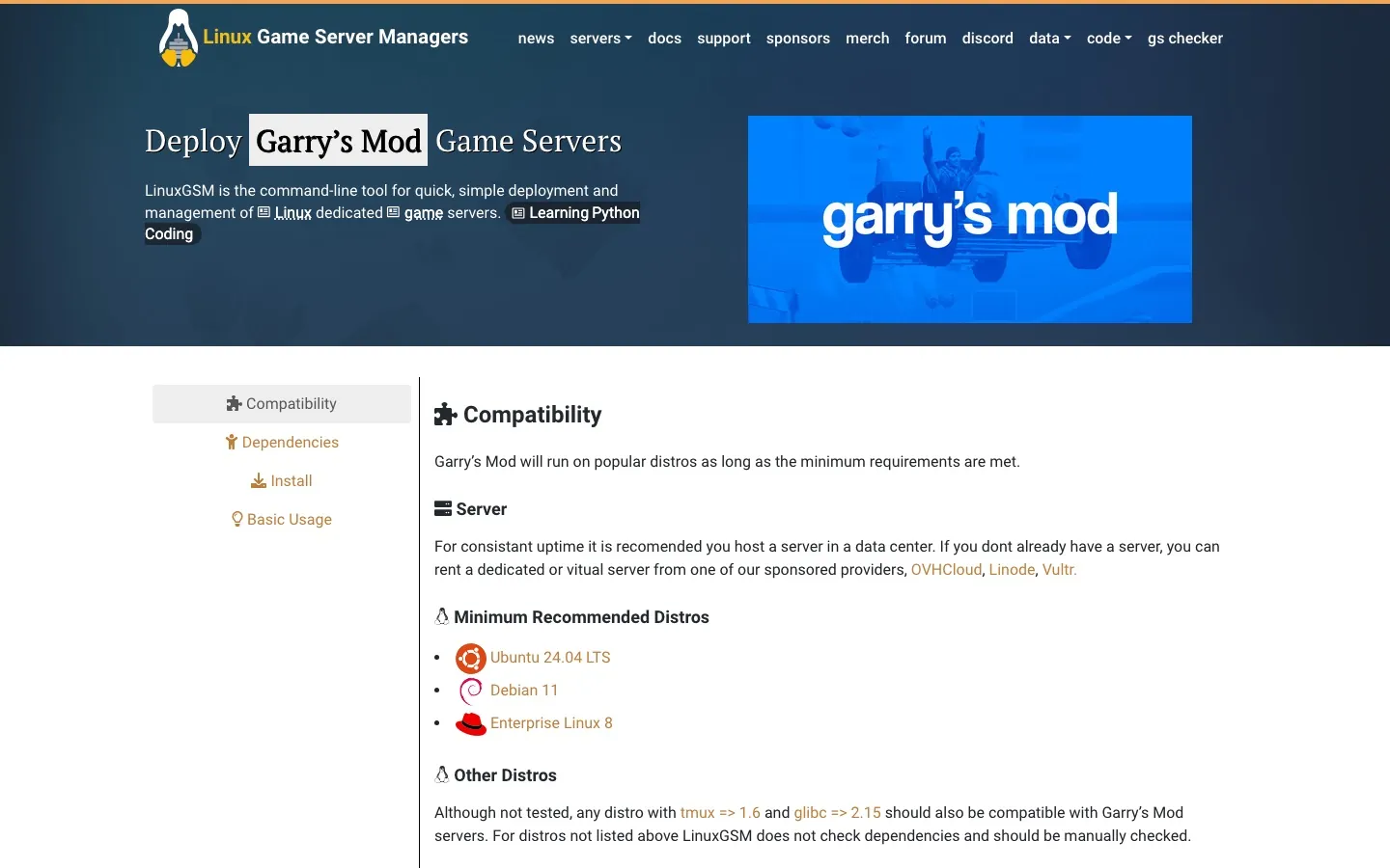 หน้า Deploy Garry's Mod Game Servers ของ LinuxGSM