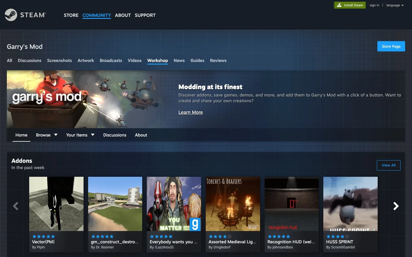 หน้า Steam Workshop ของ Garry's Mod — จุดสร้าง collection รวม addon ของเซิฟ