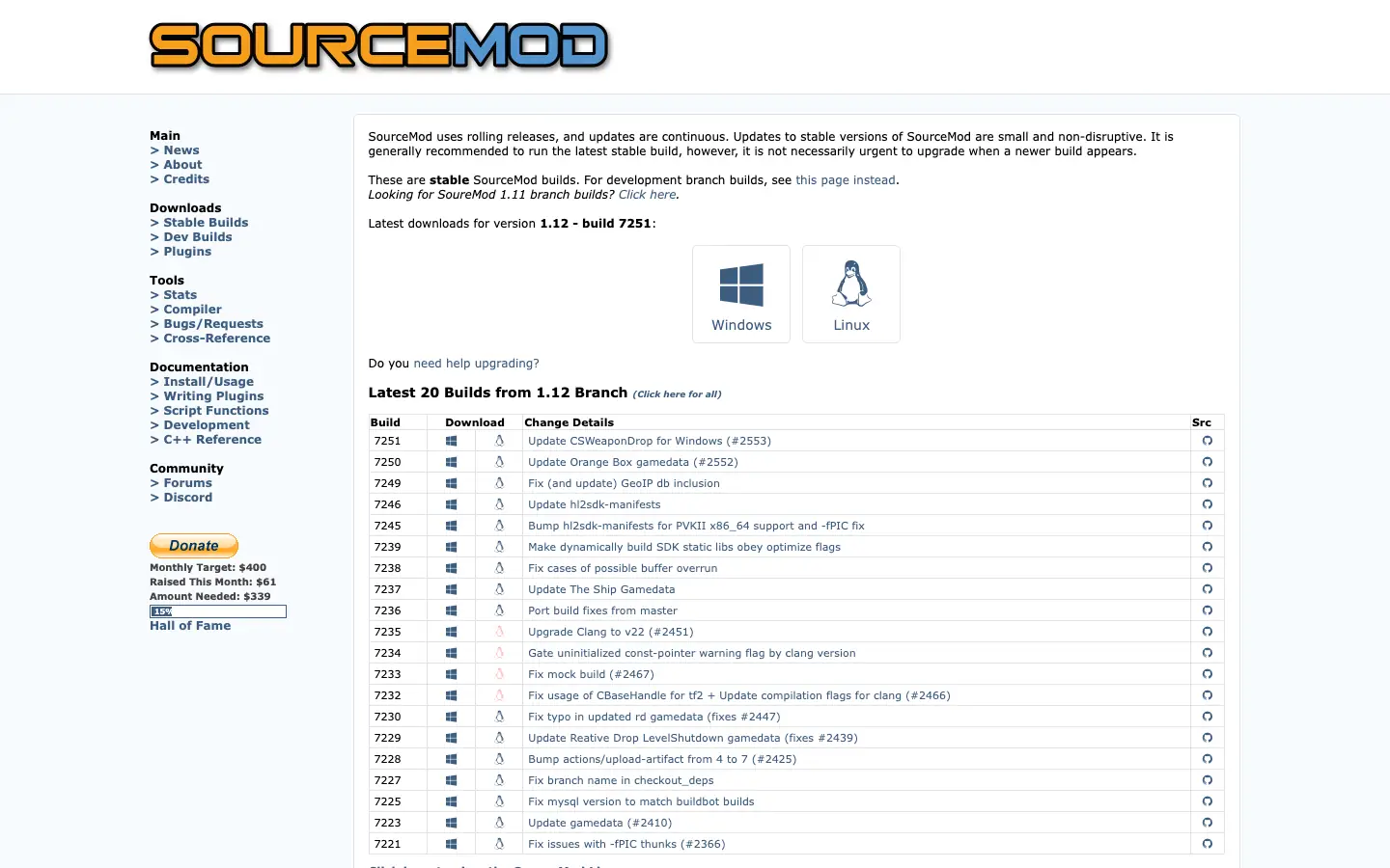 หน้าดาวน์โหลดของ sourcemod.net ที่ต้องเลือกไฟล์ฝั่ง Linux
