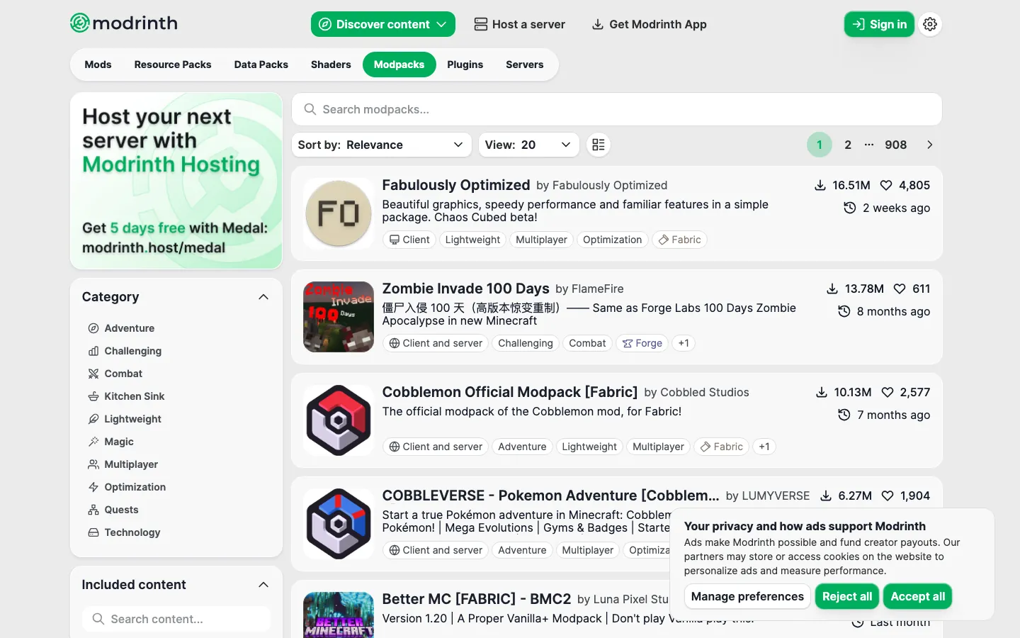 หน้ารวม modpack บน Modrinth — Fabulously Optimized, Cobblemon, Better MC
