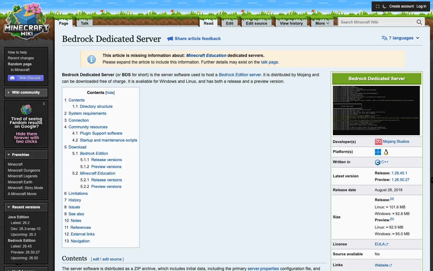 หน้า Bedrock Dedicated Server บน Minecraft Wiki — เอกสารตัวเซิร์ฟฝั่ง Bedrock ที่ Mojang แจกฟรี
