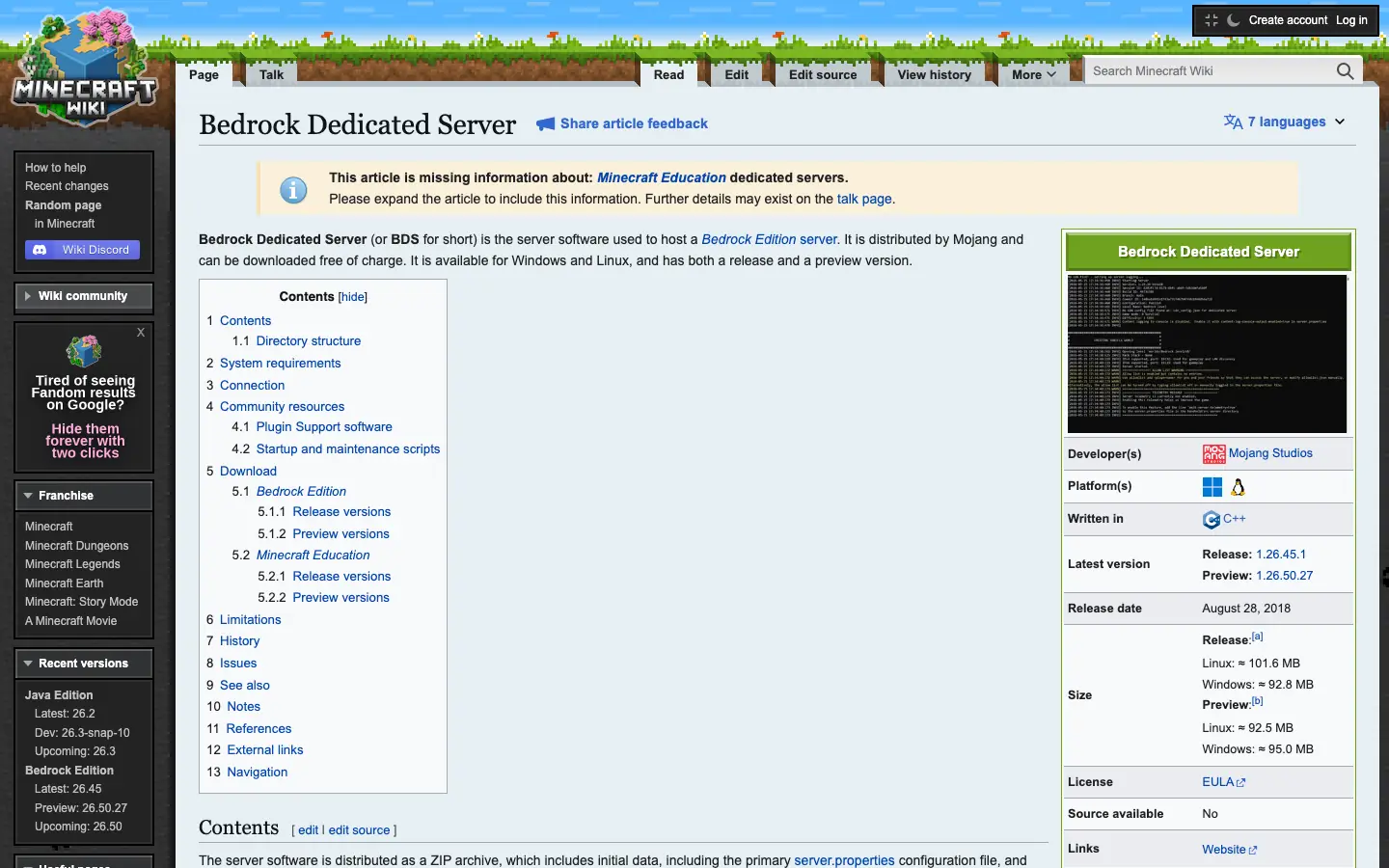 หน้า Bedrock Dedicated Server บนวิกิทางการของ Minecraft ที่อธิบายคีย์ใน server.properties