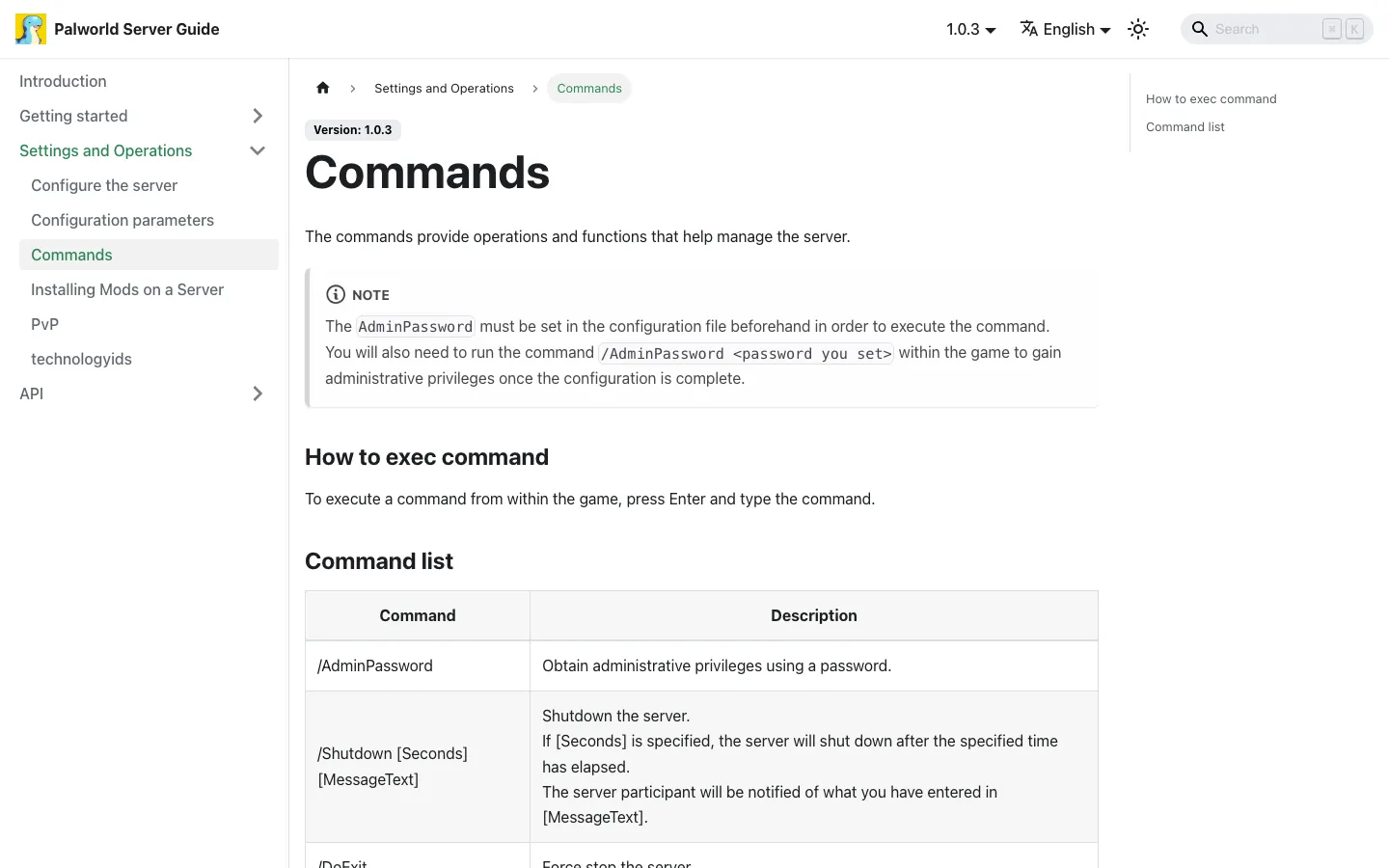 หน้า Commands ใน docs ทางการของ Palworld — วิธีรับสิทธิ์แอดมินด้วย /AdminPassword และรายการคำสั่งทั้งหมด