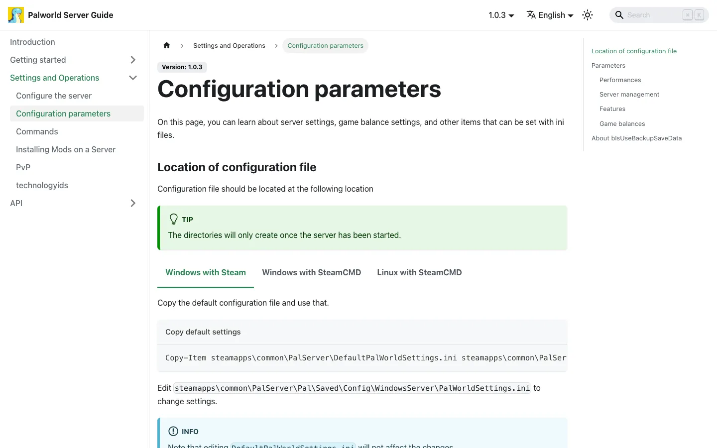 หน้า Configuration parameters ใน docs ทางการของ Palworld — ตำแหน่งไฟล์และรายการค่าที่ตั้งได้ทั้งหมด