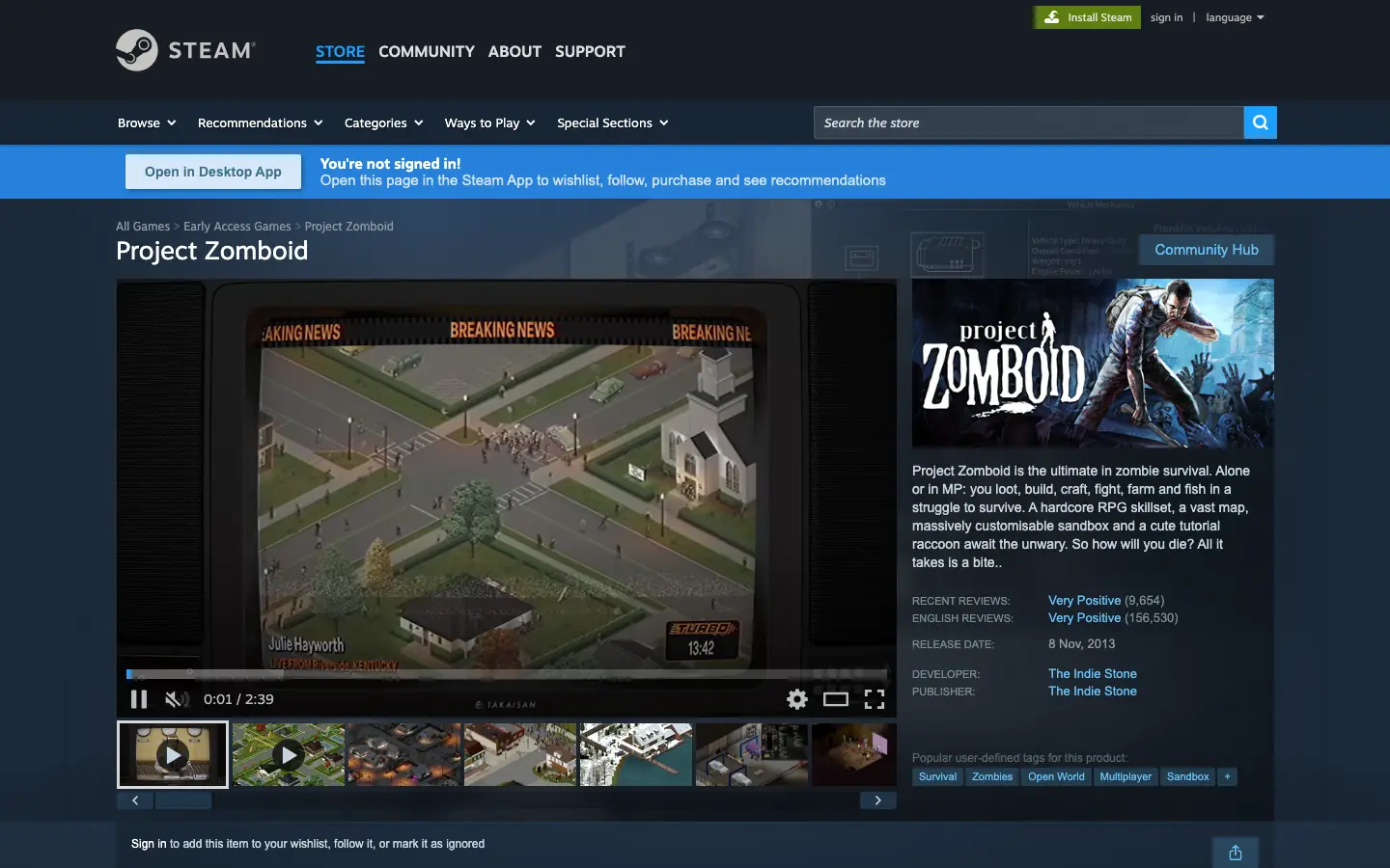 หน้าร้านค้า Steam ของ Project Zomboid ทางเข้า Workshop สำหรับหาเลข Mod ID และ Workshop ID