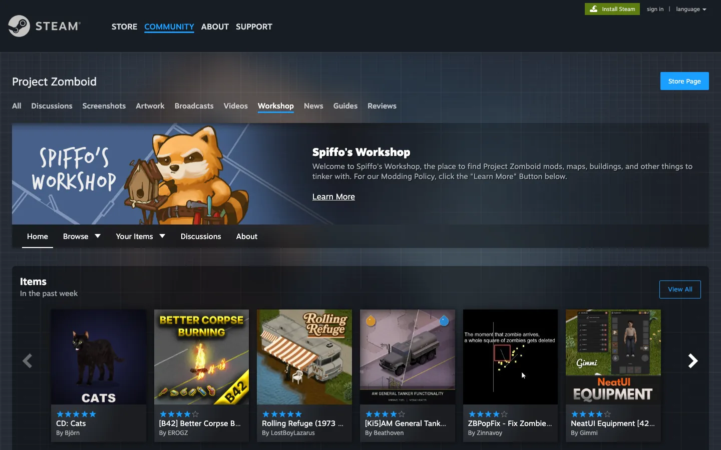 Spiffo's Workshop — หน้ารวมม็อด Project Zomboid บน Steam Workshop ที่ใช้หา Workshop ID และ Mod ID
