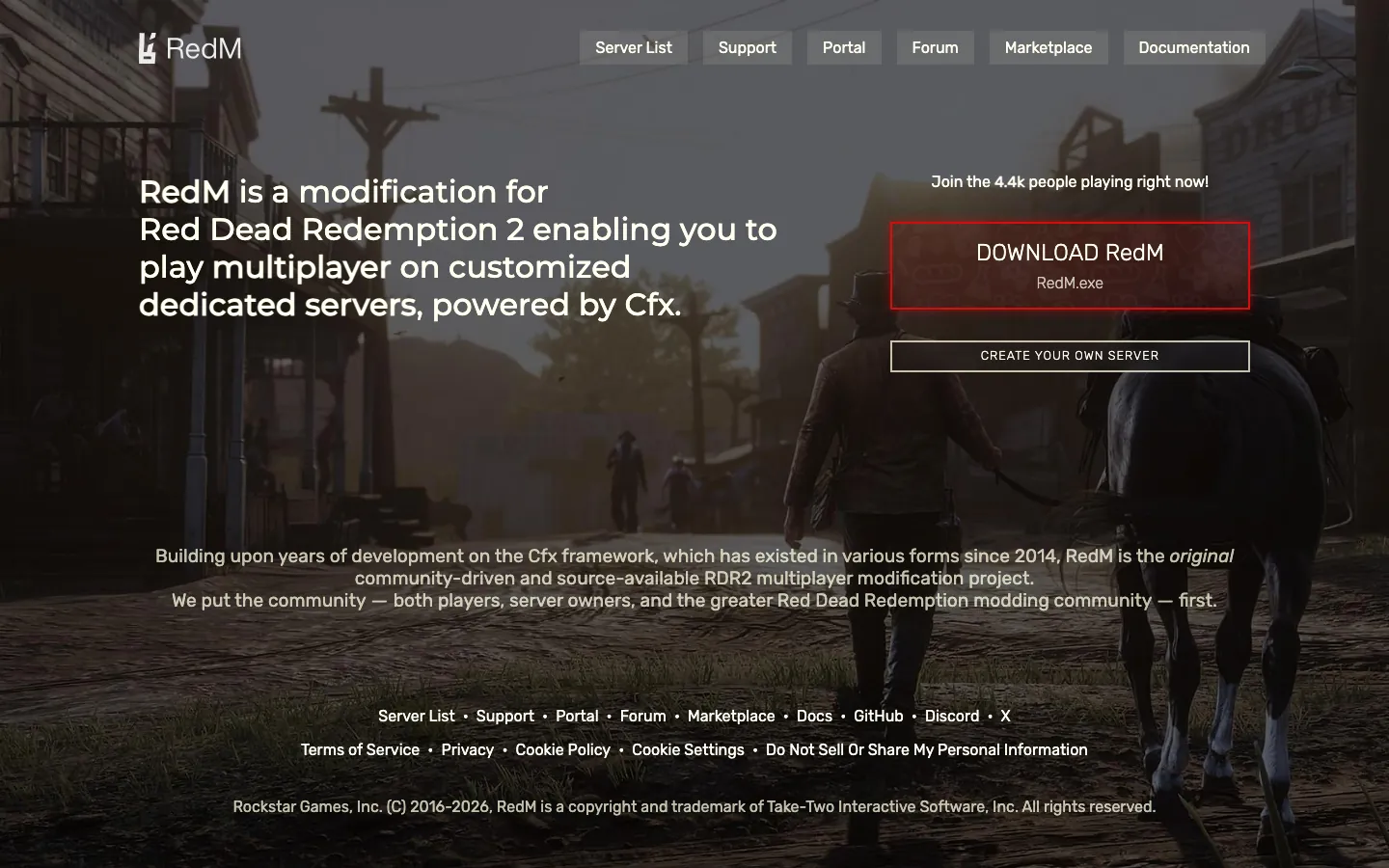 เว็บทางการของ RedM — ม็อดสำหรับ Red Dead Redemption 2 ที่ให้เปิดเซิร์ฟเดดิเคทเองได้ ขับเคลื่อนโดย Cfx