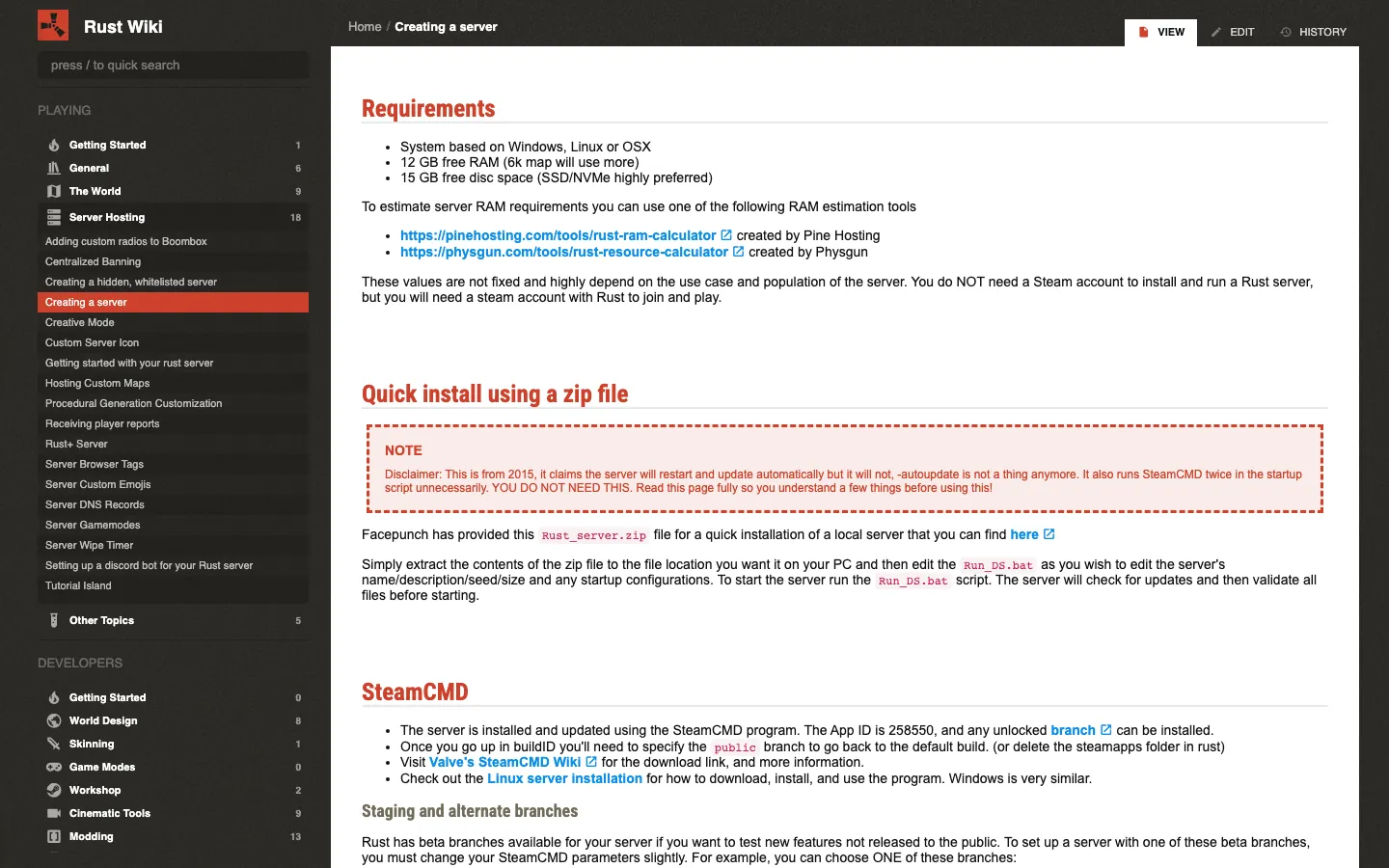 หน้า Creating a server ใน Rust Wiki ทางการของ Facepunch — สเปกที่ต้องใช้และวิธีตั้งเซิร์ฟ