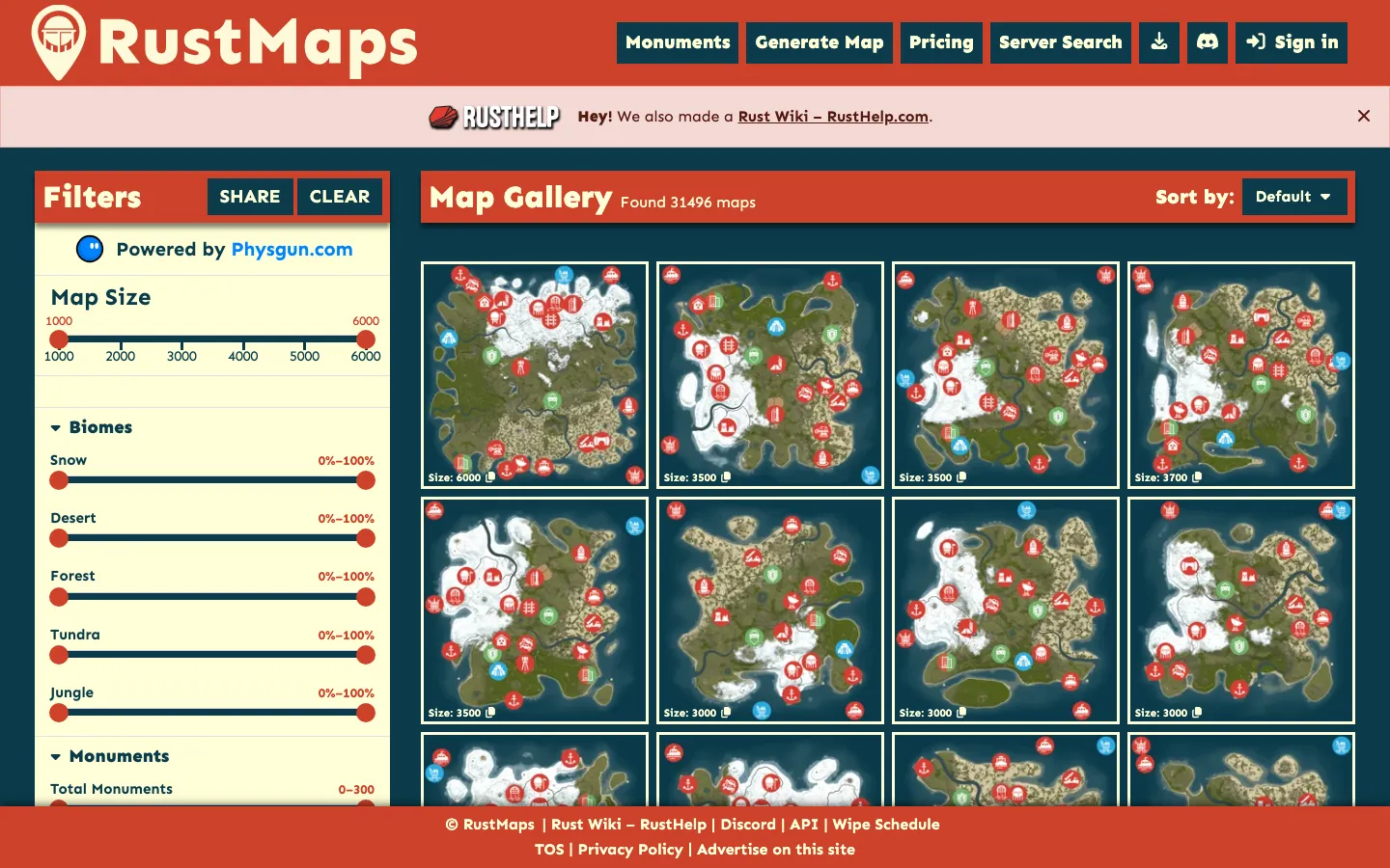 Map Gallery ของ RustMaps — เลือกดูหน้าตาแมพ Rust จาก seed กว่าสามหมื่นแบบก่อนตั้งเซิร์ฟจริง