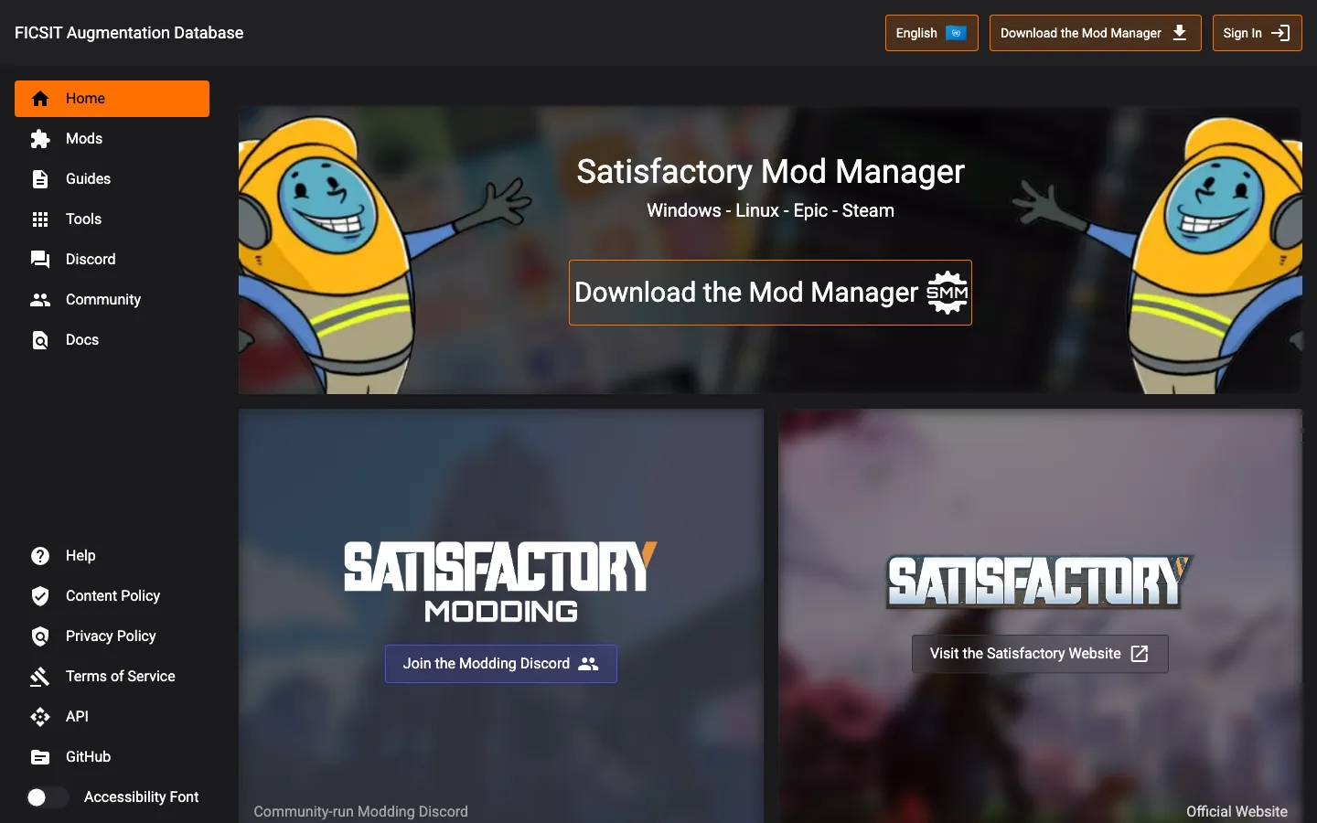 เว็บ ficsit.app — FICSIT Augmentation Database แหล่งรวมม็อด Satisfactory และตัวโหลด Satisfactory Mod Manager