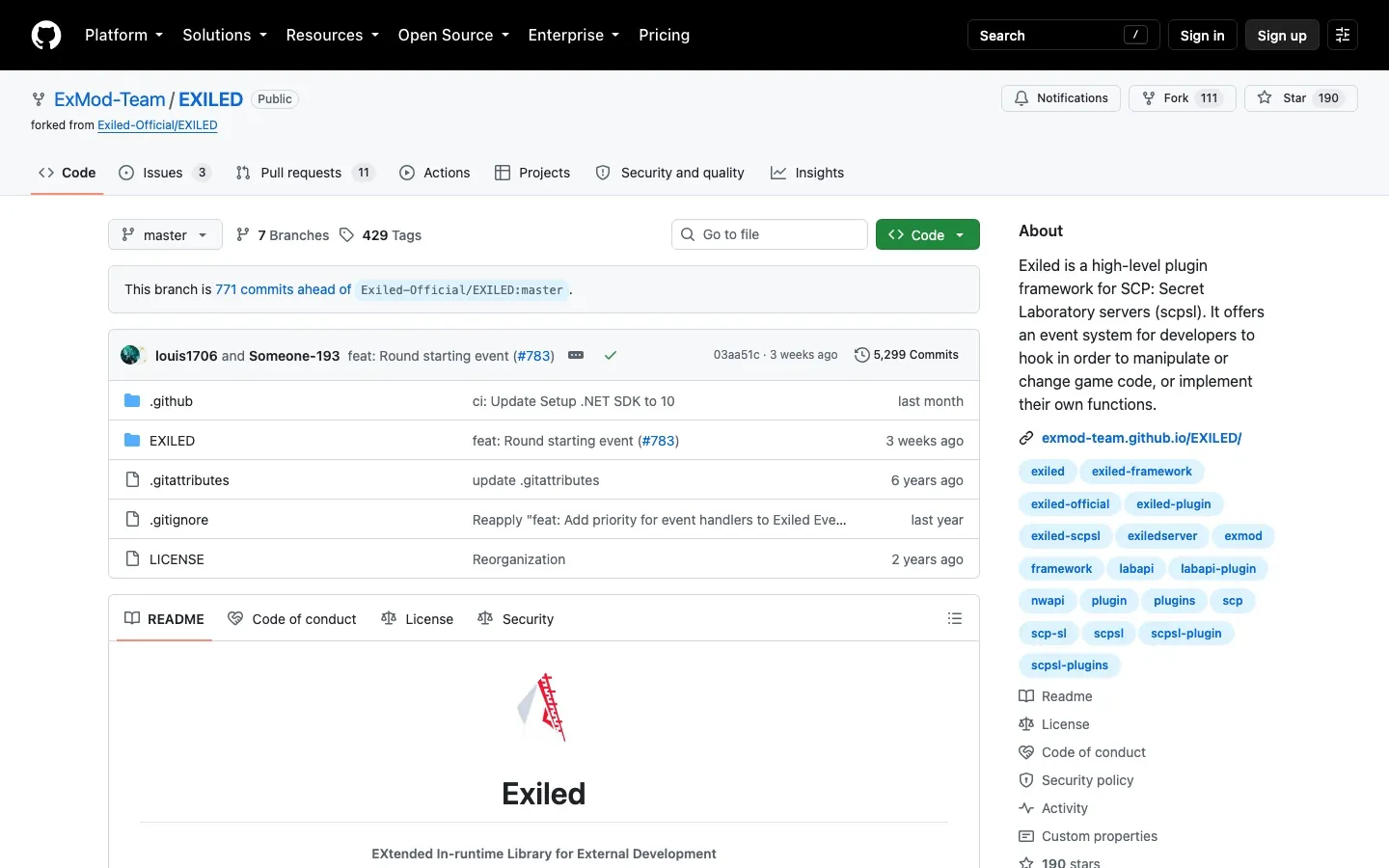 repo EXILED บน GitHub — เฟรมเวิร์กปลั๊กอินของเซิฟ SCP:SL