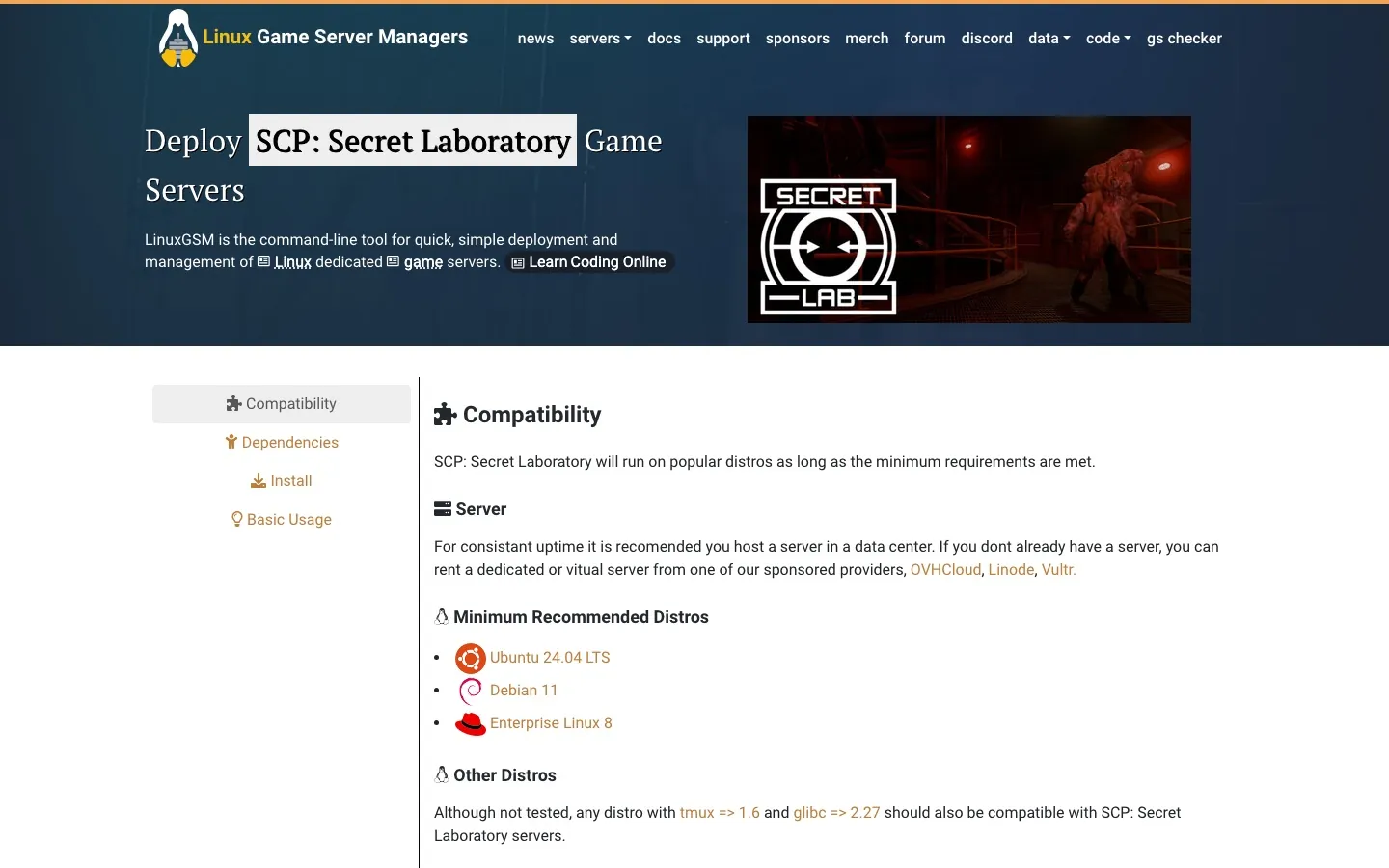 หน้า Deploy SCP: Secret Laboratory Game Servers ของ LinuxGSM