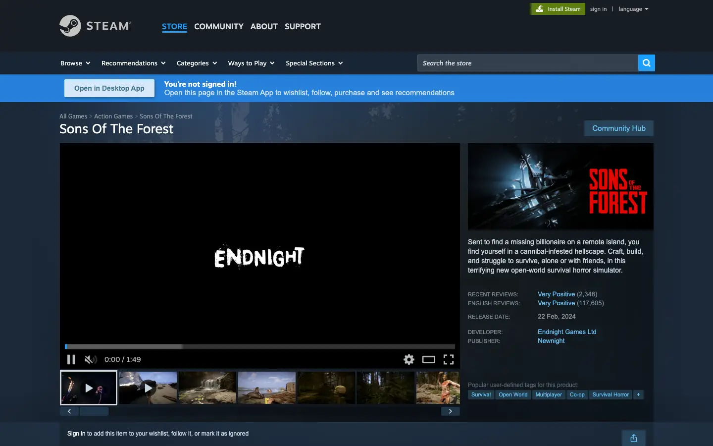 หน้าร้านค้า Steam ของ Sons Of The Forest ใช้ดูเวอร์ชันเกมที่ต้องให้ตรงกับเซิร์ฟ