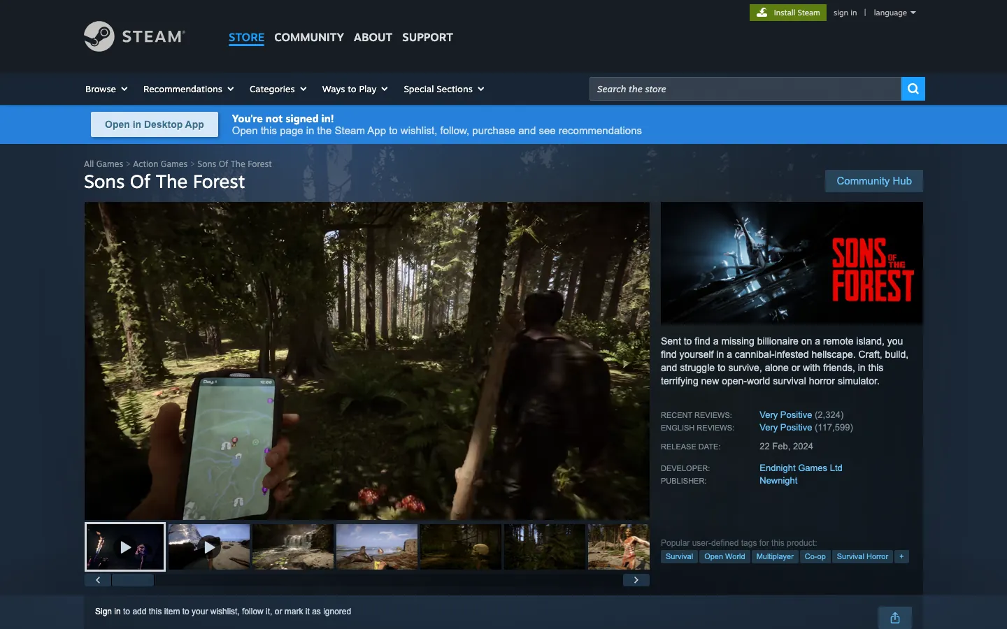 หน้า Steam ของ Sons of the Forest — เกมเอาชีวิตรอดโคออปสูงสุด 8 คน