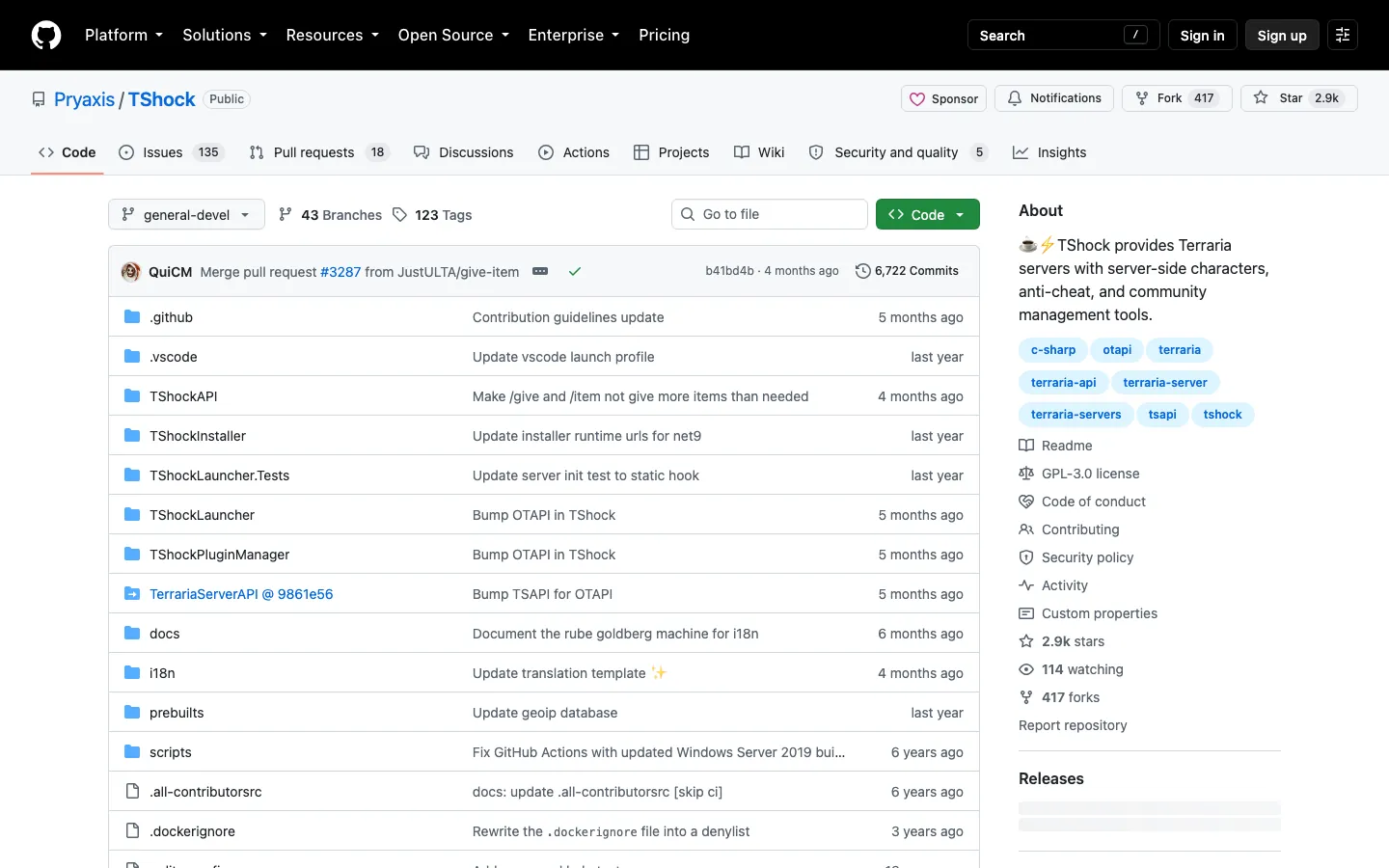 repo TShock บน GitHub — เซิร์ฟเวอร์ Terraria ทางเลือกที่เพิ่มระบบสิทธิ์ คำสั่งแอดมิน และกันโกง