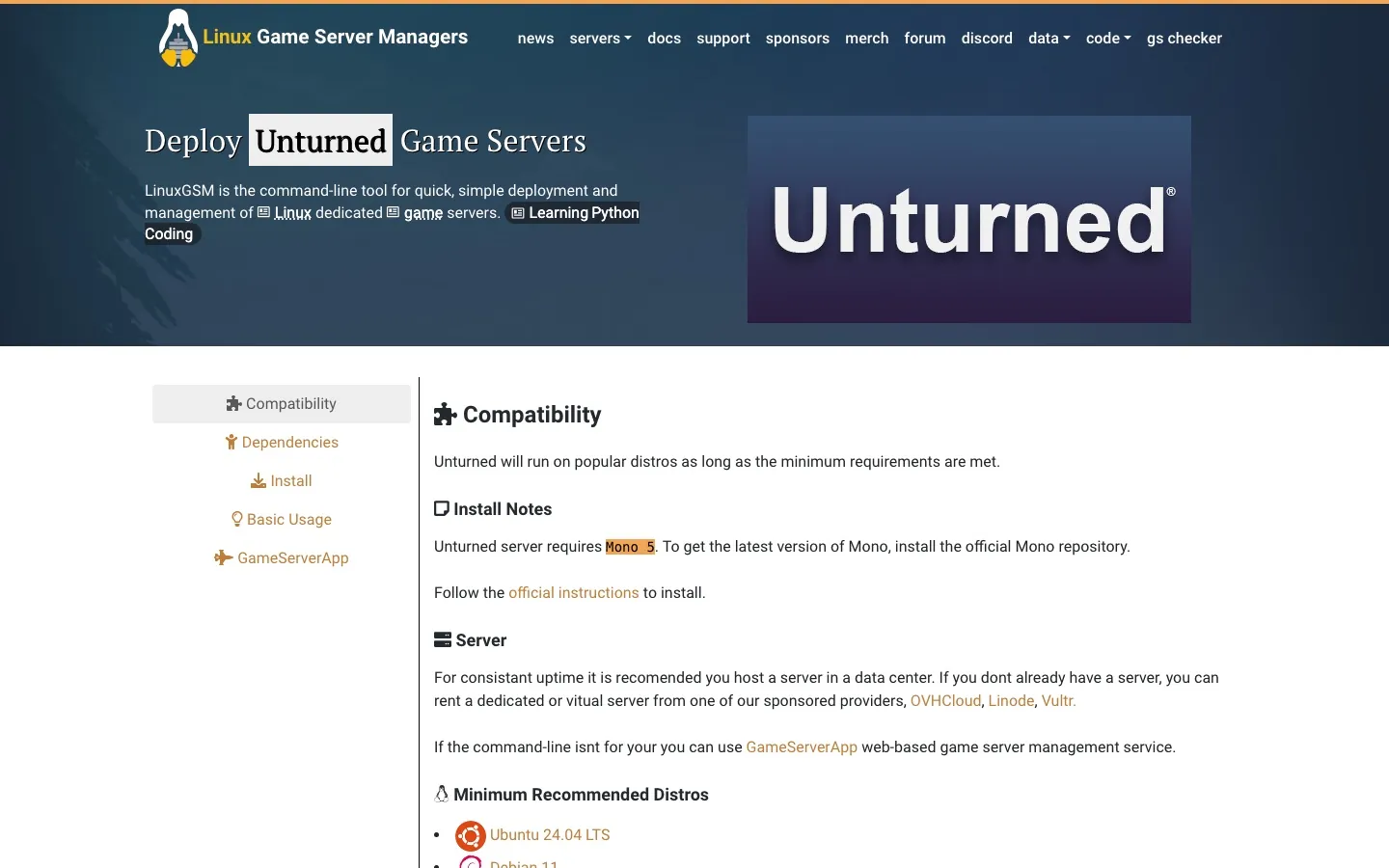 หน้า Deploy Unturned Game Servers ของ LinuxGSM