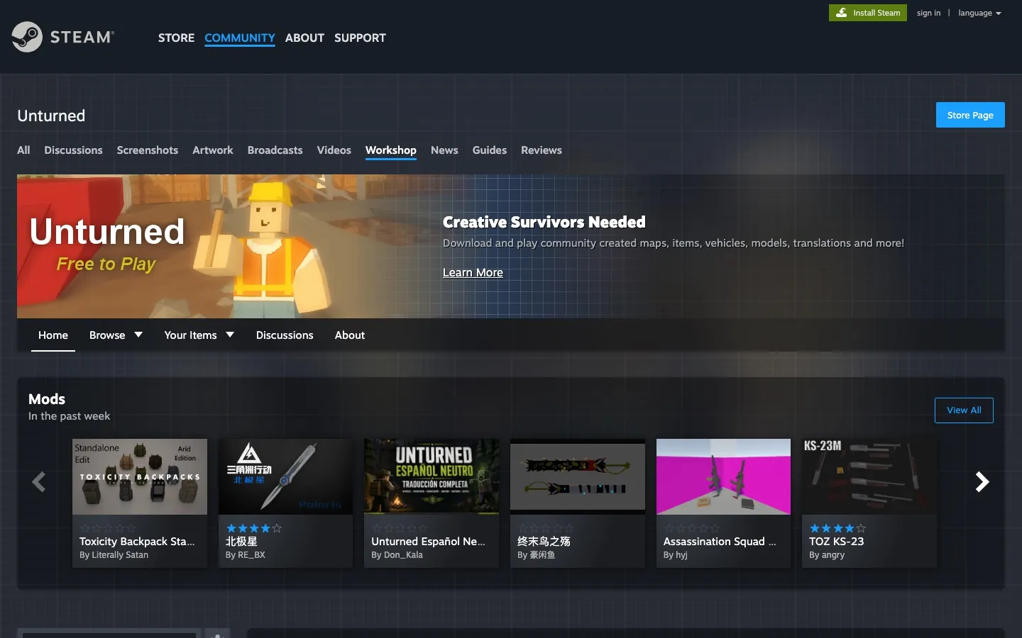 หน้า Steam Workshop ของ Unturned — แหล่งม็อด แมพ และไอเทมของเซิฟ
