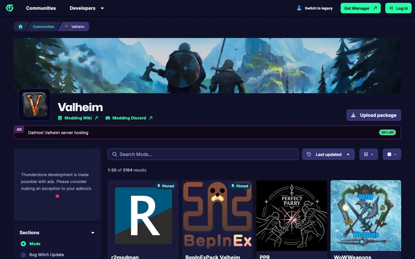 หน้ารวมม็อด Valheim บน Thunderstore — BepInExPack ถูกปักหมุดเป็นตัวแรก