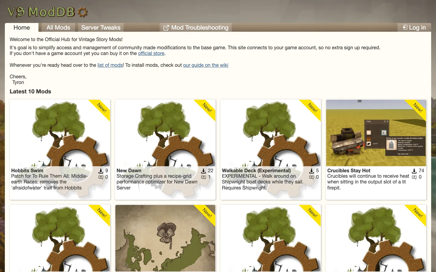 VS ModDB — ที่รวมม็อดทางการของ Vintage Story พร้อมแท็บ Server Tweaks สำหรับเซิร์ฟ