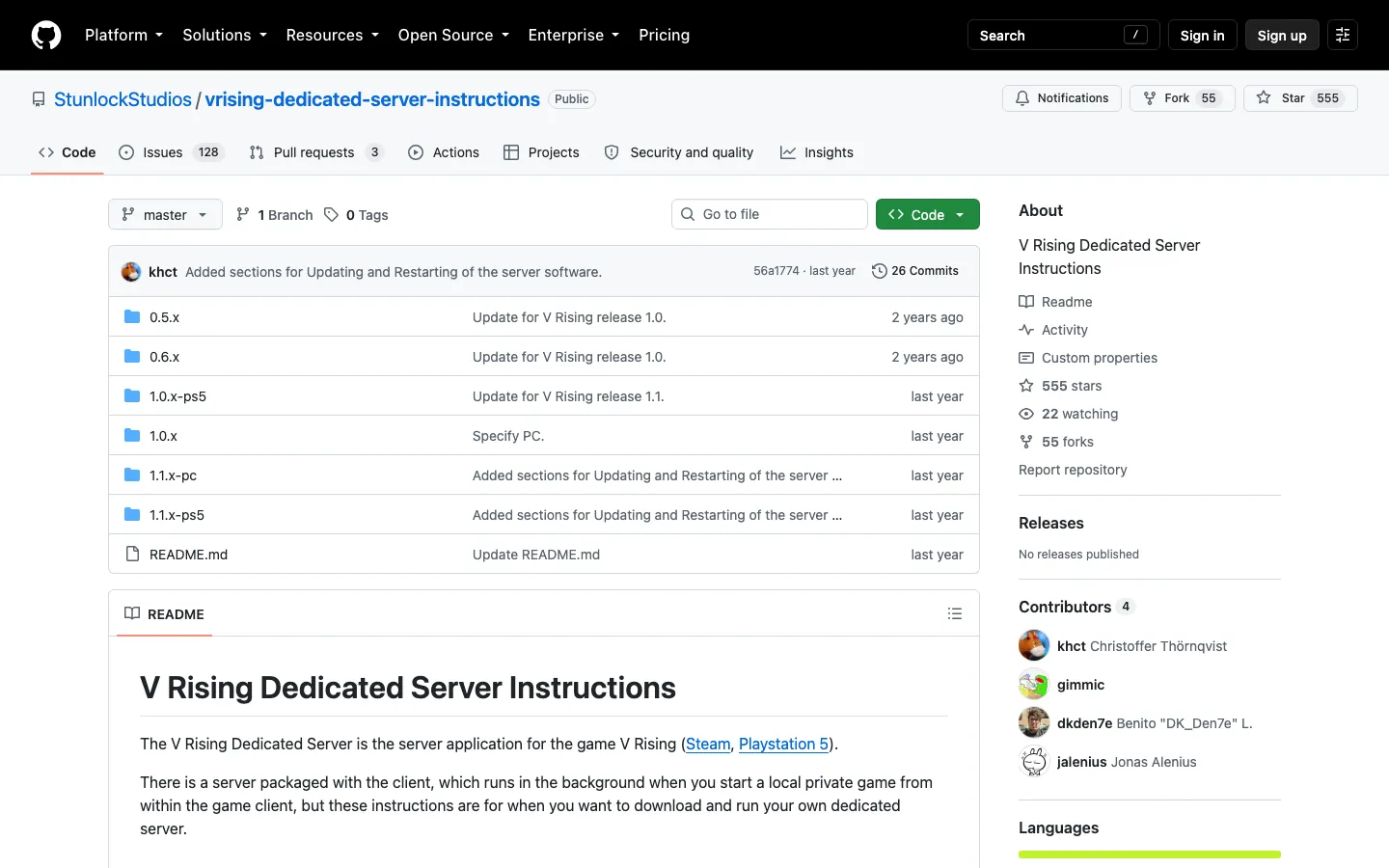 repo ทางการ vrising-dedicated-server-instructions ของ Stunlock Studios บน GitHub — เอกสารตั้งเซิร์ฟ V Rising แยกตามเวอร์ชัน