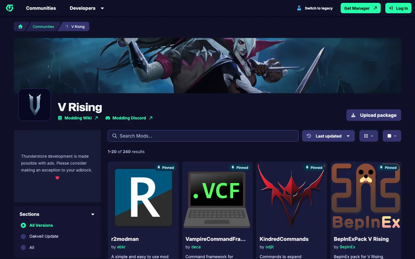 หน้ารวมม็อด V Rising บน Thunderstore — BepInExPack, VampireCommandFramework และ KindredCommands ถูกปักหมุด