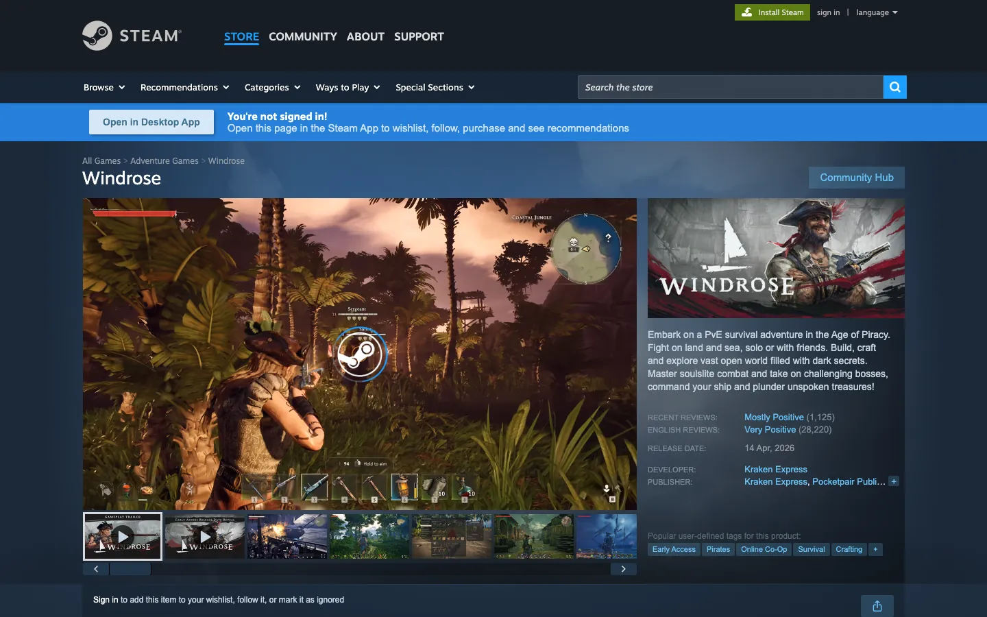 หน้า Steam ของ Windrose — เกมเอาชีวิตรอดยุคโจรสลัดจาก Kraken Express รองรับ dedicated server