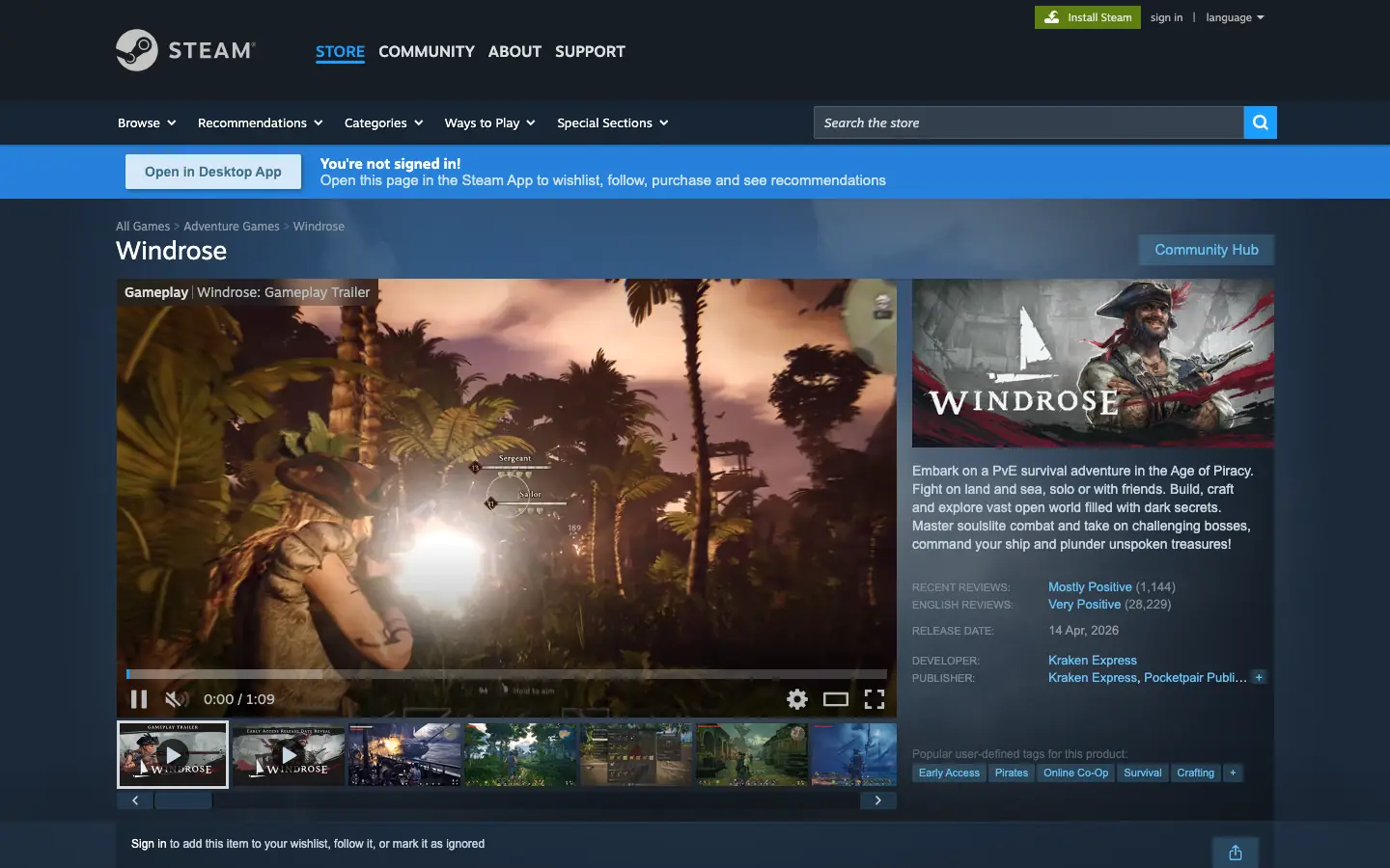 หน้าร้านค้า Steam ของ Windrose ใช้ยืนยันว่าเซิร์ฟ dedicated รับได้ 8 คน